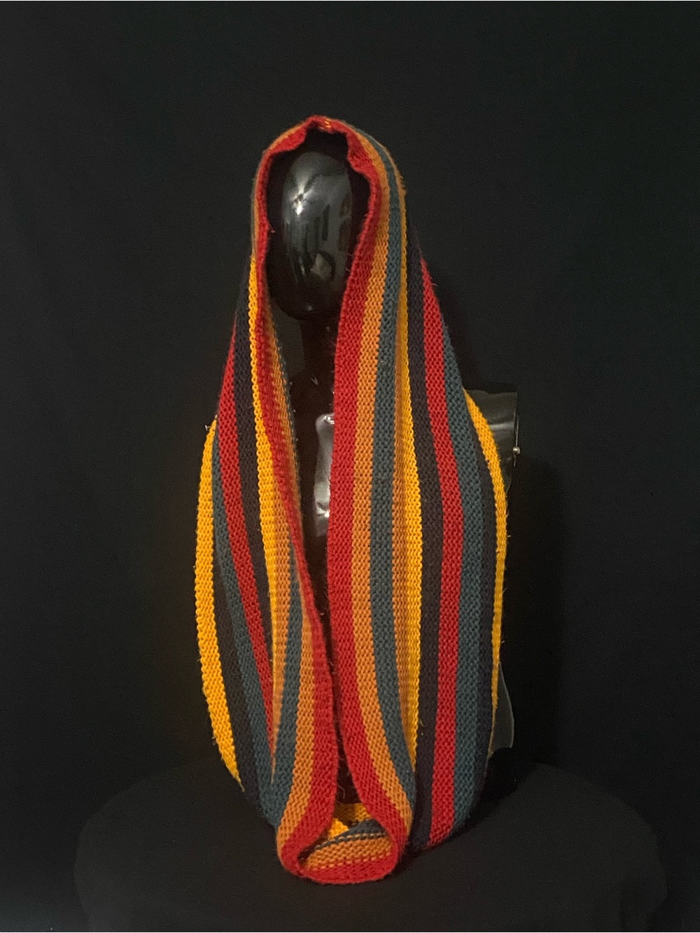 Striped Knit Infinity Scarf in Red, Mustard, Teal, and Blue